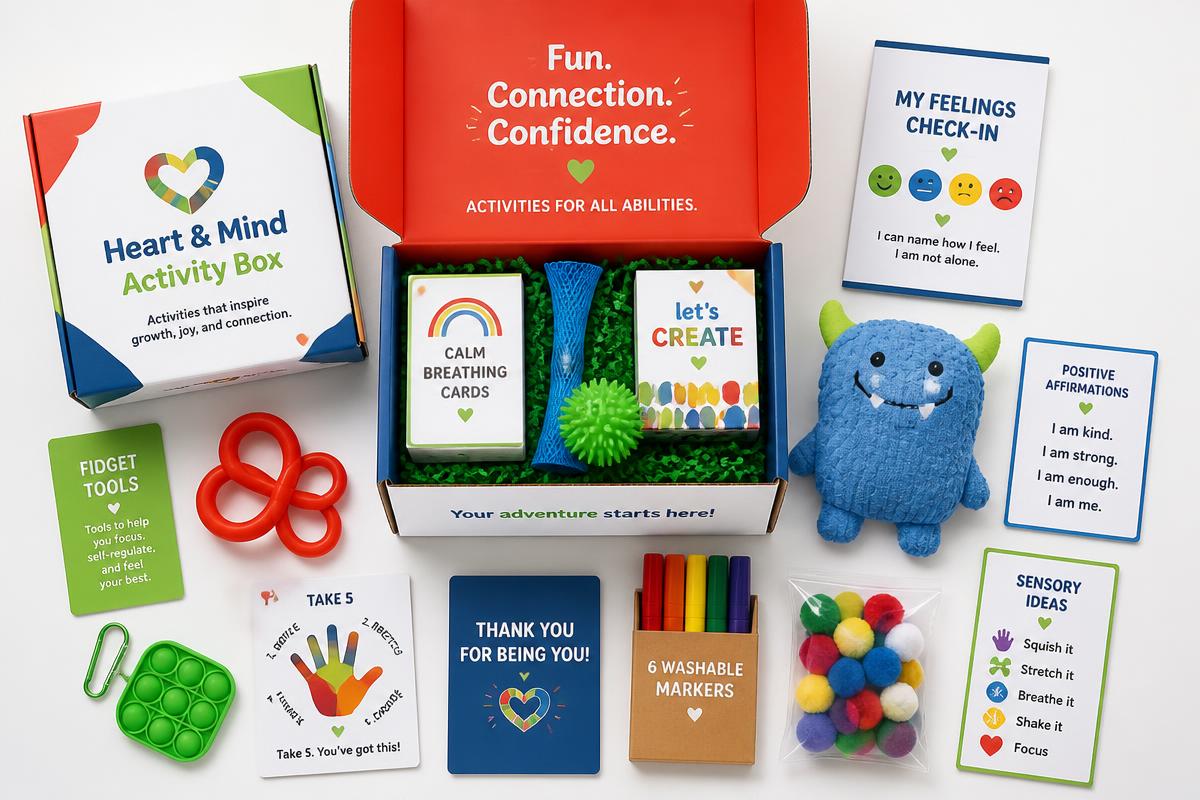 Flat lay of a LIFEbox showing hands-on activities, sensory tools, craft supplies, and guided experience cards